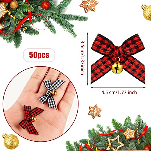 50 Pieces Christmas Bow with Bell Mini Plaid Buffalo Plaid Bow Gingham Xmas Bells for Christmas Tree Crafts Home Decoration DIY Making Ornament(Black and White, Red and Black)