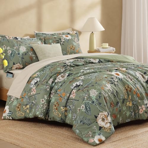 Avocado Green Floral Oversized Queen Comforter Set – 7-Piece Bed in a Bag, Farmhouse Bedding