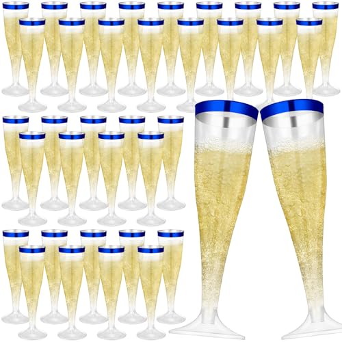 Jingmore 60 Pcs Disposable Plastic Champagne Flutes - Blue Rim