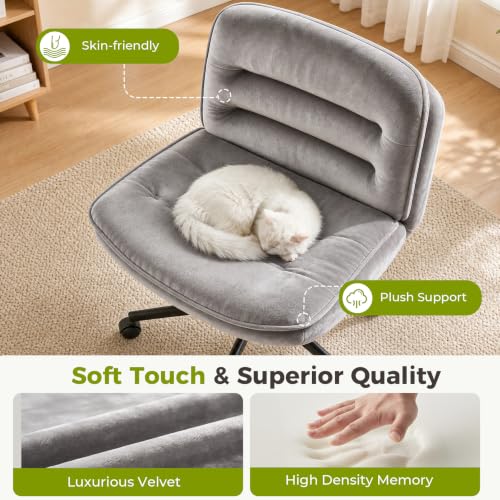 GTPLAYER Cross Legged Office Chair Dark Grey Velvet Oversized Armless Desk Chair with Wheels