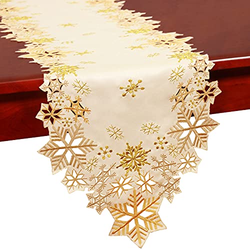 Simhomsen Embroidered Gold Snowflakes Table Runner 14×108 in – Christmas & Winter