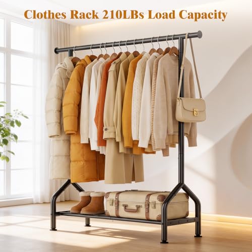 Black Clothing Rack with Shelf and Leveling Feet - Sturdy Metal Garment Organizer