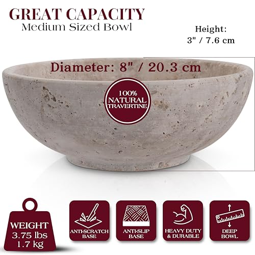 Travertine Decorative Bowl - 8-Inch Stone Centerpiece for Coffee Table & Home Decor - Heavy Natural Limestone