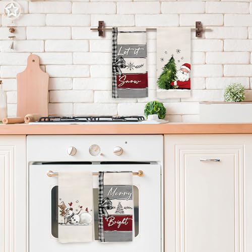 Winter Christmas Tree Santa Snowman Kitchen Towels, Rustic Gray White