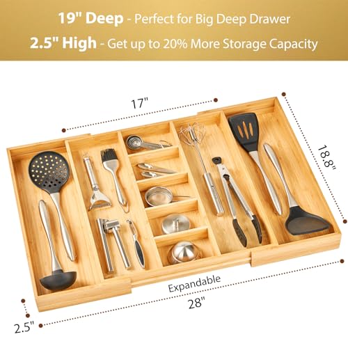 Adjustable Bamboo Kitchen Drawer Organizer for Utensils - 17 to 28 Inch, Extra Large, Flatware Tray