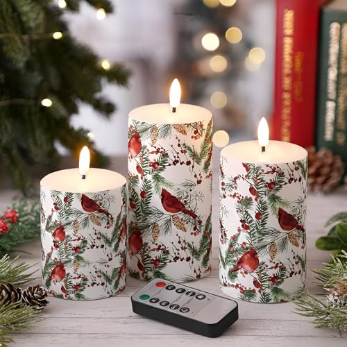 Conelist Red Cardinal Christmas Flameless Candles with Remote - 3 Pack