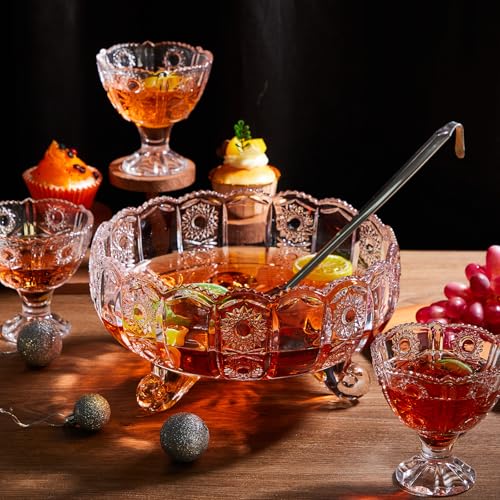 Vintage Style 6-Piece Crystal Punch Bowl Set with Ladle & Cups - LemonRoad