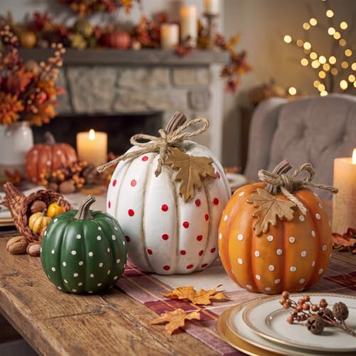 Fall Pumpkin Figurine Set - 3 Resin Decor Pumpkins for Thanksgiving