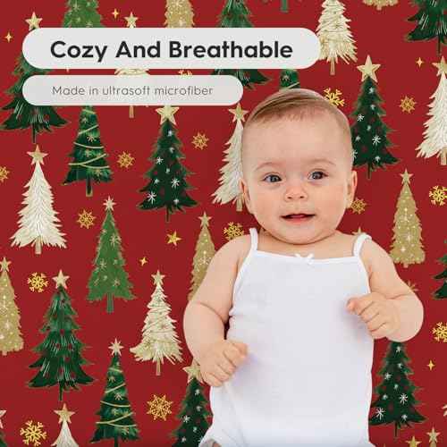 Horaldaily 2 Pack Fitted Crib Sheet for Boys Girls,Christmas Soft Breathable Washable Jersey Microfiber Baby Crib Sheet, Fits Standard Size Crib Mattress 28in x 52in, Trees Nursery Sheet Red/Red