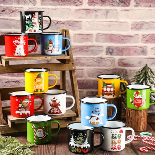 12 Pack Christmas Enamel Coffee Mugs Set - Holiday Holiday Gift