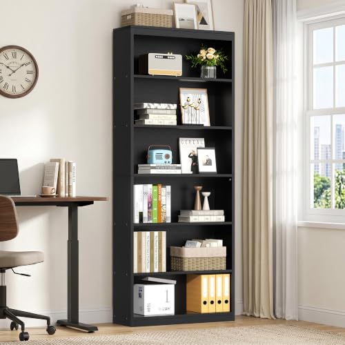 Vongrasig 71-Inch Tall Black Bookshelf - Modern Wooden Display Bookcase