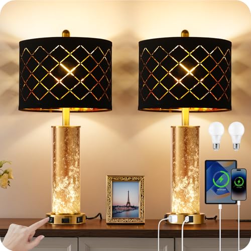 Modern Black 25.6" Set of 2 Bedside Table Lamps with USB & Nightlight - Gold Accent