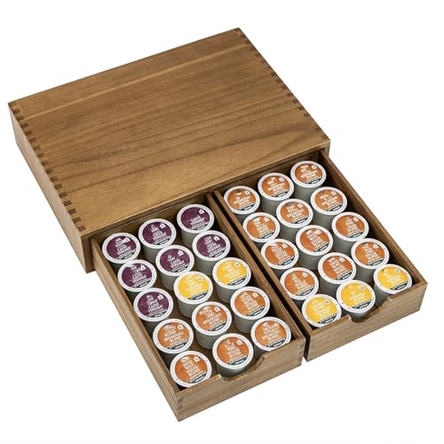 Wooden K Cup Organizer Coffee Pod Storage Box with 2 Drawers - Fits 30 Pods