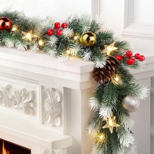 6FT Artificial Christmas Garland with Lights - Pack of 2 Frosted Green Pine Decor