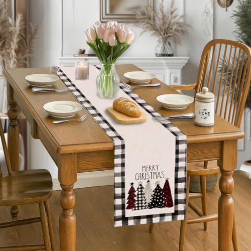 CHAIYA 13x72 Inch Christmas Table Runner Black & White Buffalo Check Holiday Decor