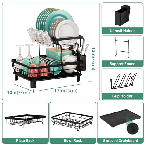 Black 2-Tier Dish Drying Rack with Drainboard for Kitchen Counter, 13''W x 17''L