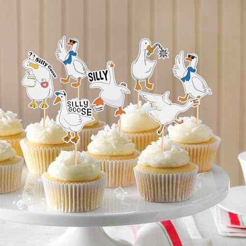 24PCS Silly Goose Cupcake Toppers Birthday White Goose Baby Shower Theme Kids Baby Boy Girl Decorations Party Supplies for Baby Boy Girl Cake Decorations Birthday Party Supplies