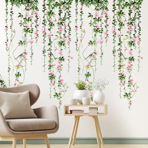 4 Sheets Hanging Vines with Flowers Wall Decals Green Plant Leaves Wall Stickers Pink Cherry Blossom Vine Wall Art Hanging Flower Tree Branches Bird Wall Murals for Kids Bedroom Nursery Decoration 20