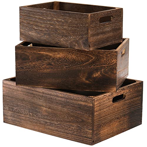 Set of 3 Rustic Wooden Nesting Storage Crates with Handles - Farmhouse Decor