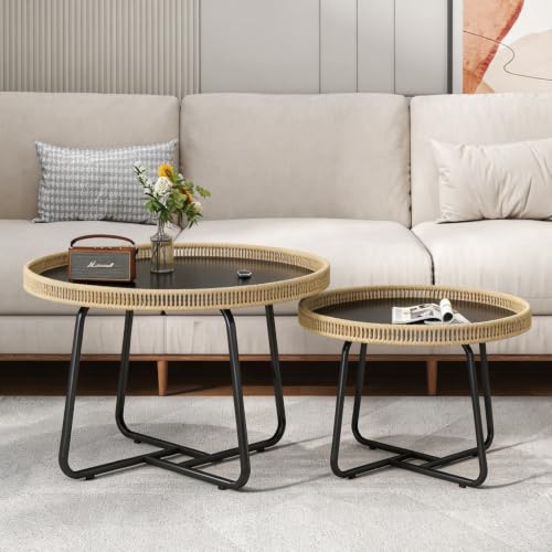 Nesting Coffee Table Set of 2 - Modern Wicker & Metal Side Tables, 27.6 & 19.7 inch