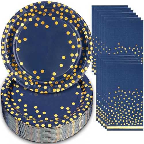 Blue Paper Plates and Napkins Set for Party - Boocikey 100PCS Blue & Gold Decor