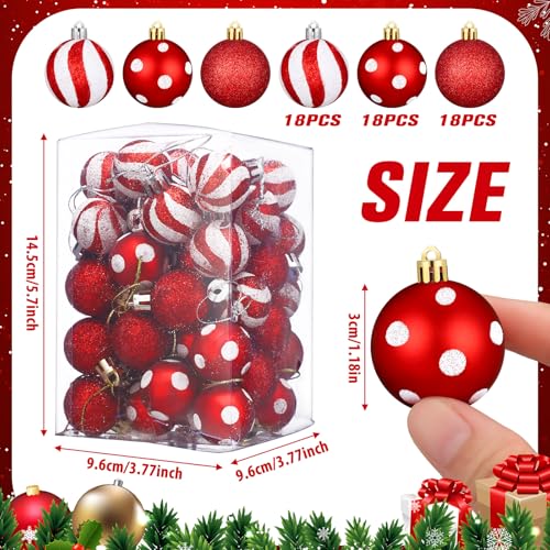 Lenwen 54pcs Red & White Christmas Ornaments Candy Dot & Stripe Mini Balls 1.18"