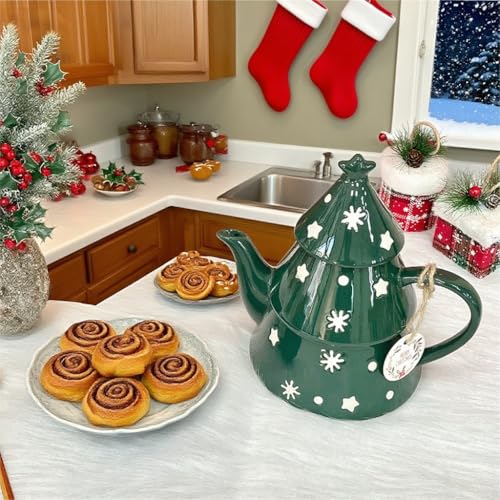 Domini Christmas Pot - 28oz Festive Holiday Teapot with Christmas Tree Design