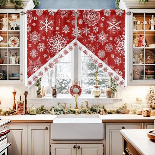 Snowflake Christmas Swag Curtain Valance for Kitchen & Windows, 56" Wide, Pack of 2