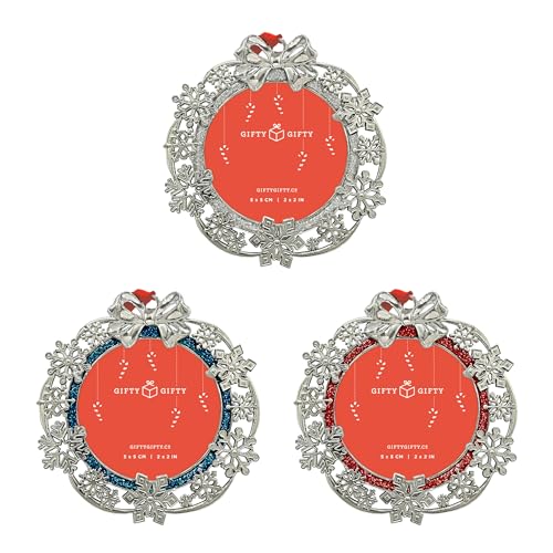 Snowflake Holiday Wreath Ornament Set - Silver, Red & Blue Christmas Decorations, 3-Pack