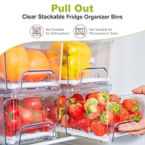 4-Pack Refrigerator Drawer Organizer Bins - Clear Stackable Fridge Storage with Drain Layer for Fruits Vegetables Snacks