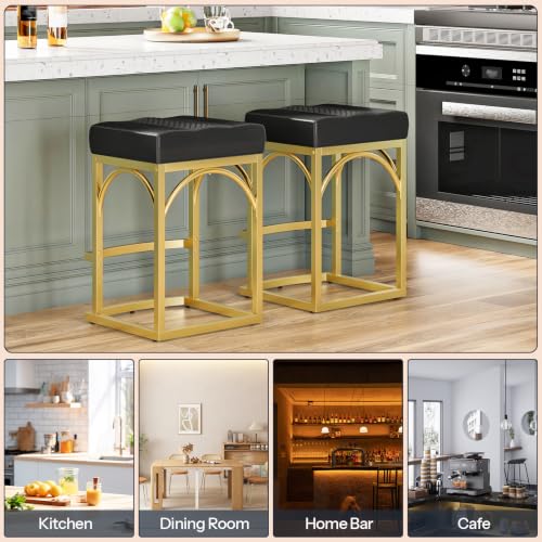 Gold and Black Bar Stools Set of 2 - Counter Height Velvet & PU Upholstered Chairs