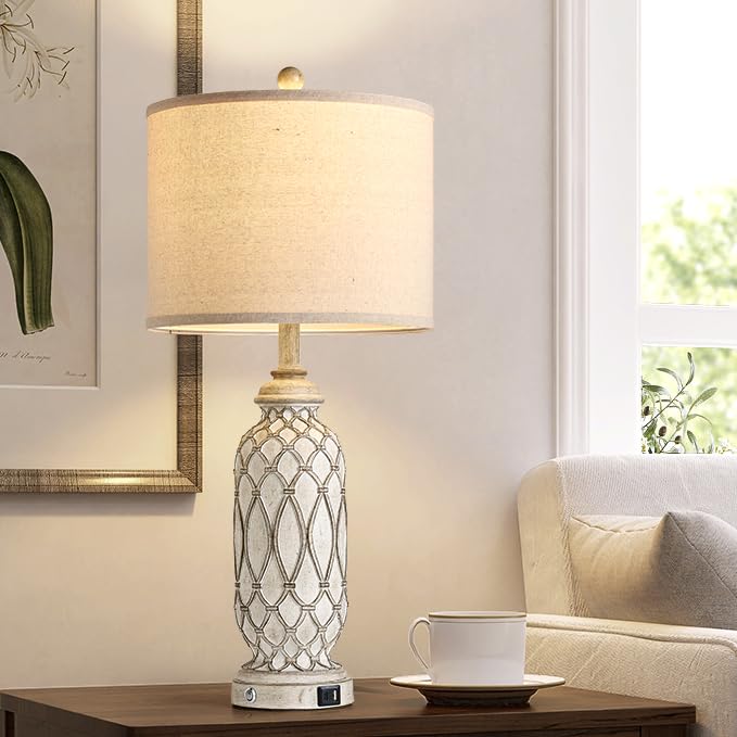 Off White Farmhouse Bedside Table Lamps Set of 2 with USB Ports, 28 Inch Dimmable Nightstand Lamps for Bedroom & Living Room