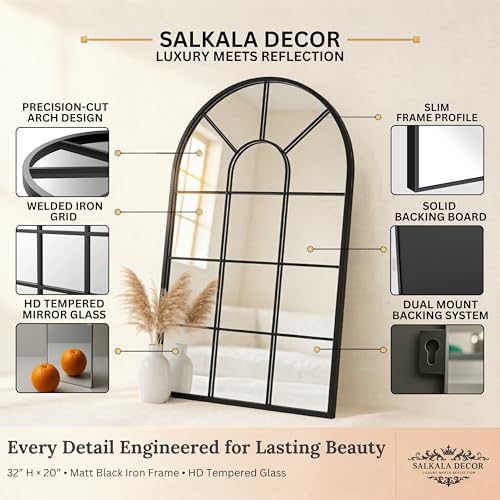 Black Arched Window Mirror 32x20 Inches - Farmhouse Wall Decor for Living Room & Entryway