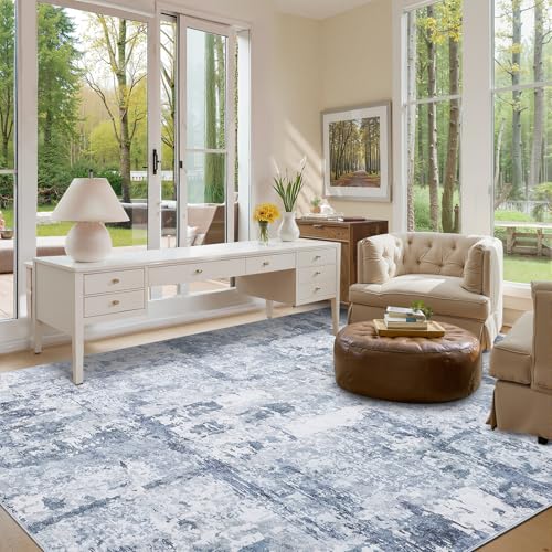 GarveeHome Washable 9x12 Abstract Area Rug for Living Room & Bedroom - Blue, Non-Slip, Kid & Pet Friendly