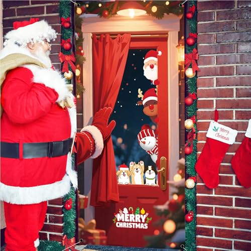 Christmas Snowman & Dog Door Cover - Red Holiday Porch Sign 71x35in