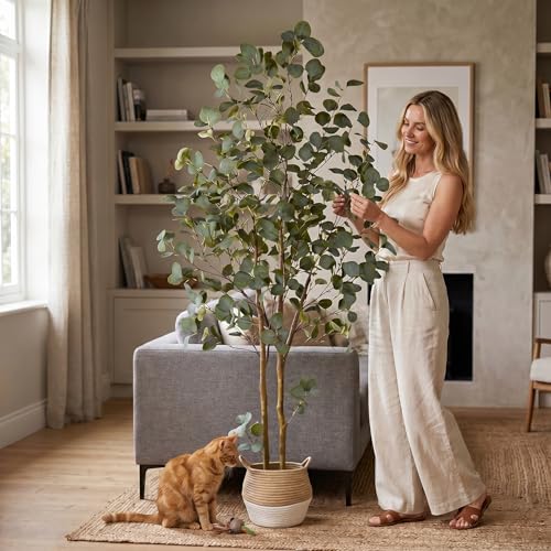 Eucalyptus Artificial Tree 6ft Tall with Basket - Faux Plants for Indoor & Outdoor Decor