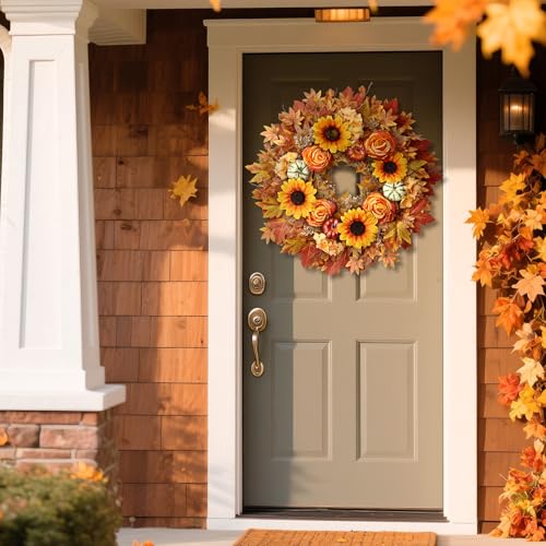 28-Inch Artificial Maple Leaves Fall Wreath for Front Door - Autumn Decor