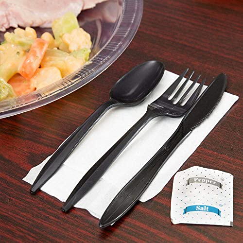 450 Pack Disposable Black Plastic Cutlery Set with Napkins & Salt & Pepper Packets - Individually Wrapped Utensil Kits for Catering and Takeout