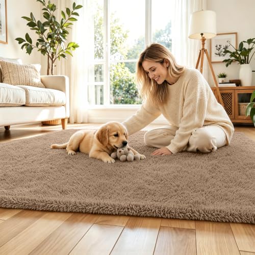 Beige 8x10 Shaggy Plush Area Rug - Large Furry Carpet for Living Room