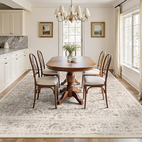 C-Light Brown 8x10 Area Rug - Washable Vintage Floral Non-Slip Carpet for Living Room