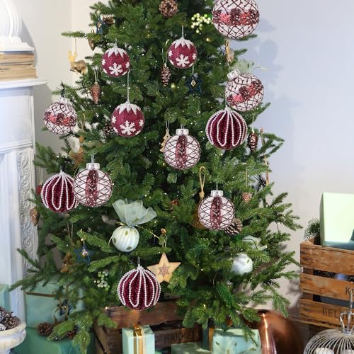 Burgundy Christmas Ornaments Set 12 pcs 3.15-inch Glitter Holiday Hanging Balls