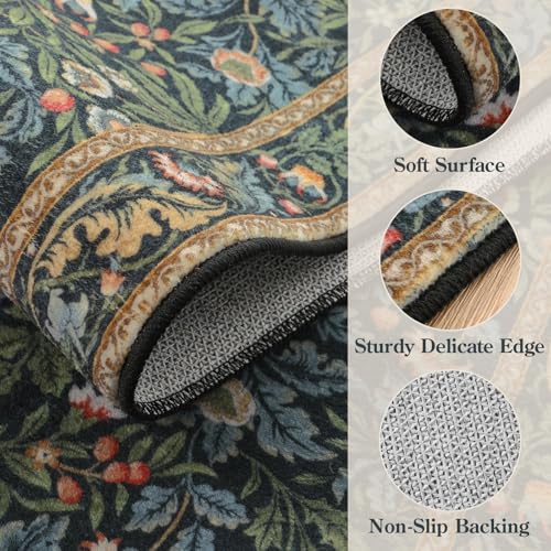 Vintage Botanical Bird Washable Area Rug 8x10 Dark Green & Navy Blue - Non Slip, Stain Resistant, Large Living Room Carpet
