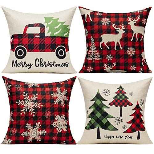 VAKADO Christmas Throw Pillow Covers Decorations Outdoor 18x18 Set of 4 Farmhouse Buffalo Check Xmas Red Deer Cushion Cases Winter Living Room Snow Holiday Home Decor for Couch Porch Indoor Navidad