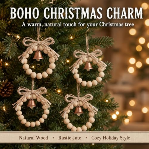 Hollowfly 6-Pack Boho Wood Bead Christmas Wreath Ornaments with Bell