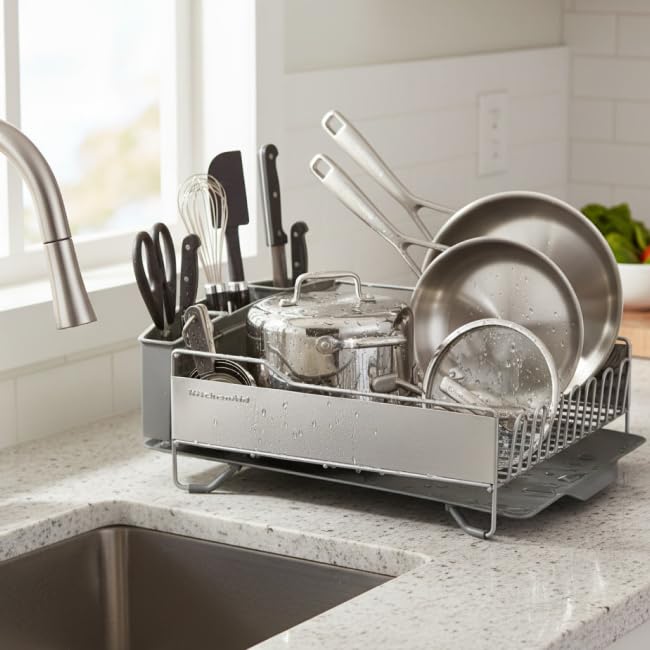 KitchenAid Large Capacity Full Size Rust-Resistant Dish Rack Grey - Angled Drainboard & Removable Flatware Caddy