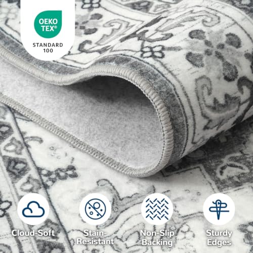Grey Beige 9x12 Area Rug - Large Machine Washable Vintage Floral Carpet for Living Room