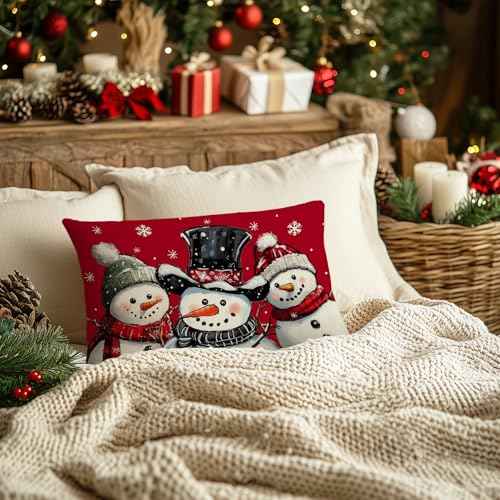 AACORS Christmas Winter Pillow Cover 12X20 Inch,Snowmen Snowflakes Decoration Holiday Farmhouse Pillow Case Decor for Home Sofa Couch (Red) AA760-12