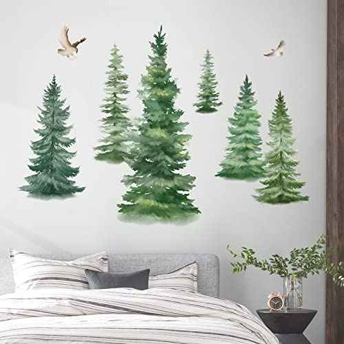 decalmile 6 Watercolor Pine Tree Wall Decals Christmas Woodland Wall Stickers Nursery Bedroom Living Room Wall Decor(H: 37inches)