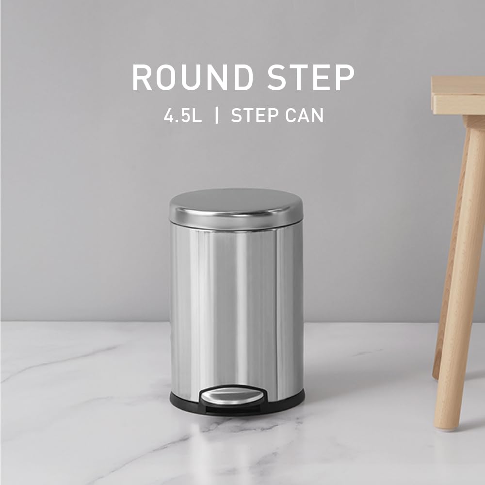 simplehuman Round Bathroom Step Trash Can - 4.5 Liter | Brushed Stainless Steel Finish