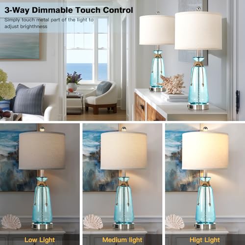Coastal 26-Inch Dimmable Bedside Lamps Set of 2 with USB & AC Outlet - Teal